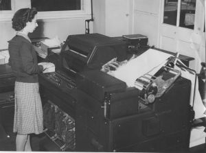 Woman with a Holllerith Machine at County Hall, Wakefield.  Not dated. 1940s or 1950s.